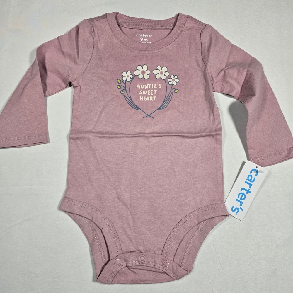 Carters Baby Girl Mauve Pink Aunties Sweetheart Floral Bodysuit 9M Long Sleeve